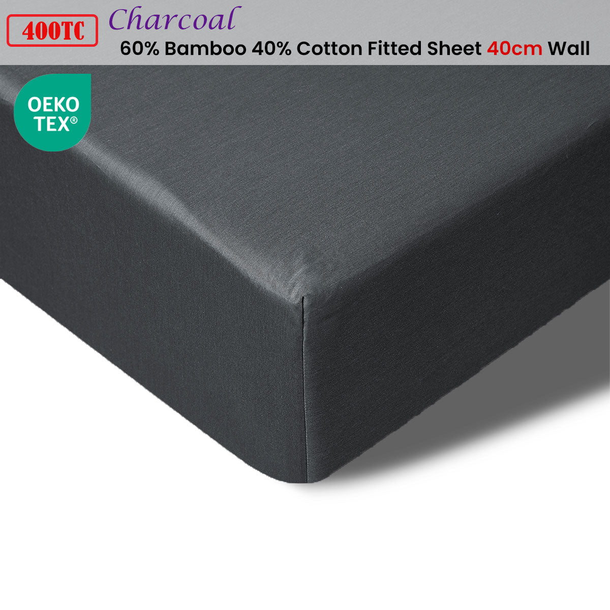 400TC Charcoal Bamboo Cotton Fitted Sheet | 40cm Wall | King Single