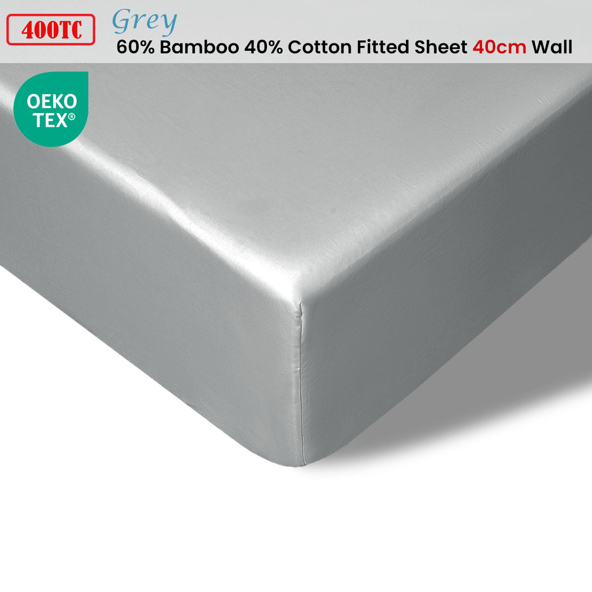 400TC Grey Bamboo Cotton Fitted Sheet | 40cm Wall | Single