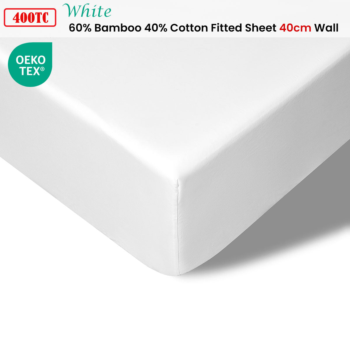 400TC White Bamboo Cotton Fitted Sheet | 40cm Wall | King Single