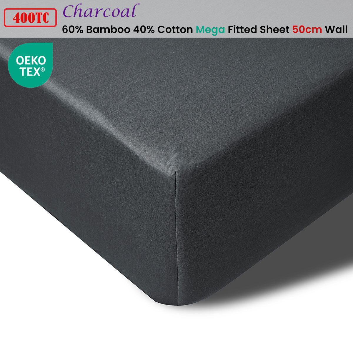 400TC Charcoal Bamboo Cotton Mega/Super Fitted Sheet | 50cm Wall | King