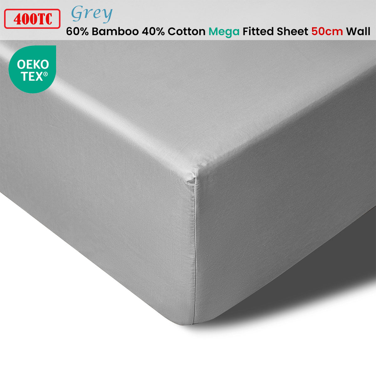 400TC Grey Bamboo Cotton Mega/Super Fitted Sheet | 50cm Wall | King