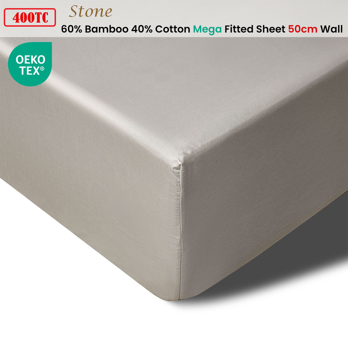 400TC Stone Bamboo Cotton Mega/Super Fitted Sheet | 50cm Wall | King