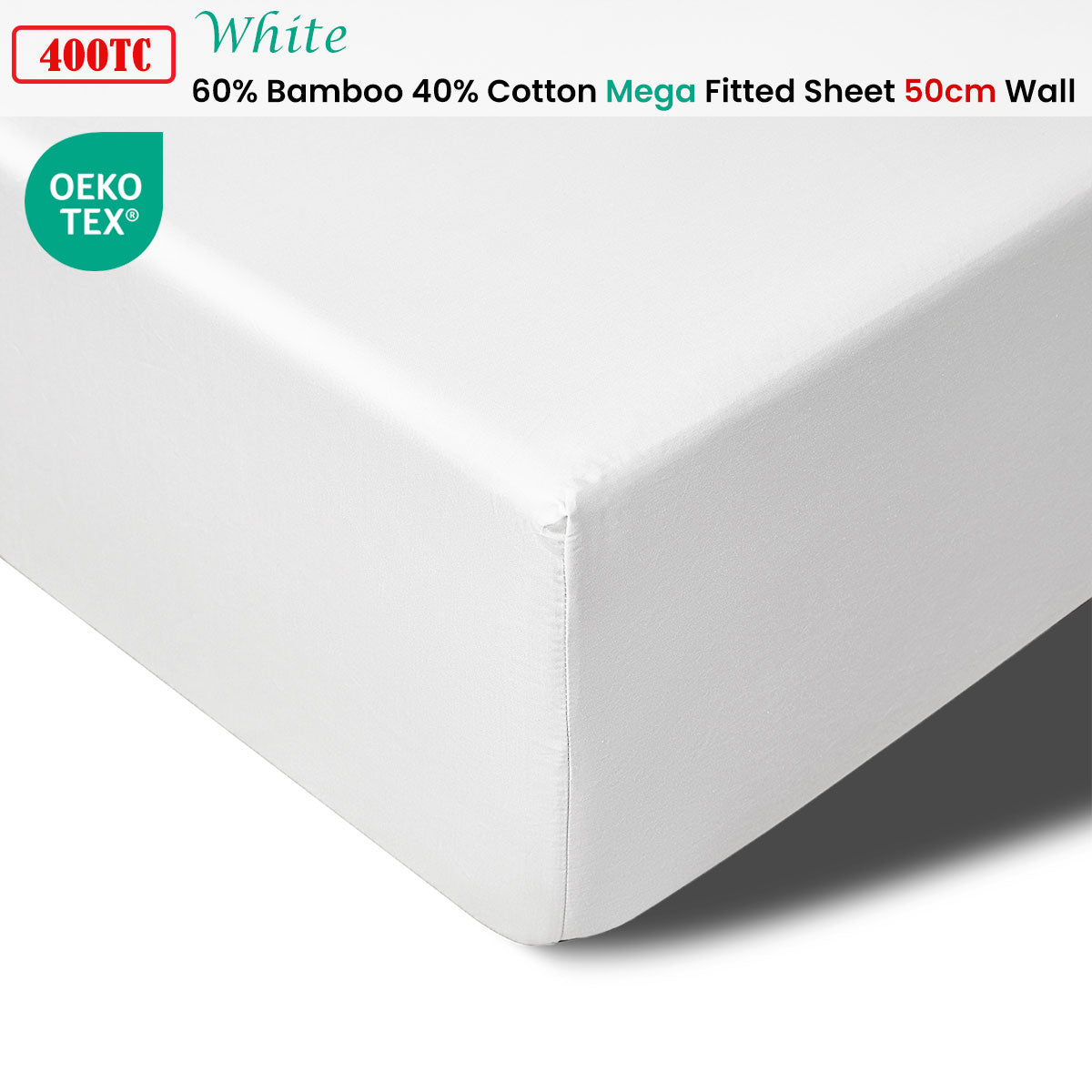 400TC White Bamboo Cotton Mega/Super Fitted Sheet | 50cm Wall | King
