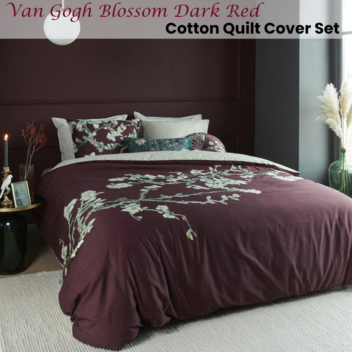 Bedding House | Van Gogh Blossom Dark Red Cotton | Quilt Cover Set | Queen