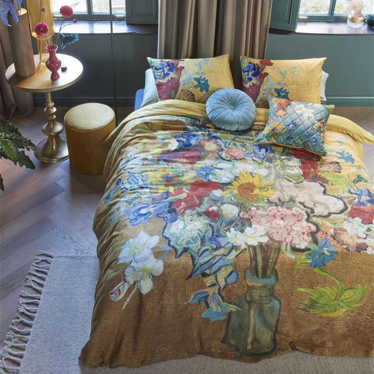 Bedding House Van Gogh Bouquet d'Anniversaire Gold Cotton Sateen Quilt Cover Set | King