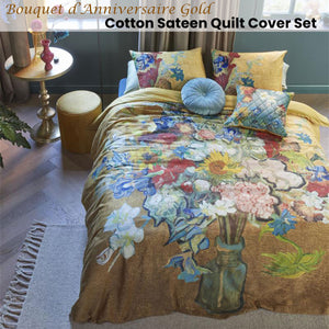 Bedding House Van Gogh Bouquet d'Anniversaire Gold Cotton Sateen Quilt Cover Set | Super King