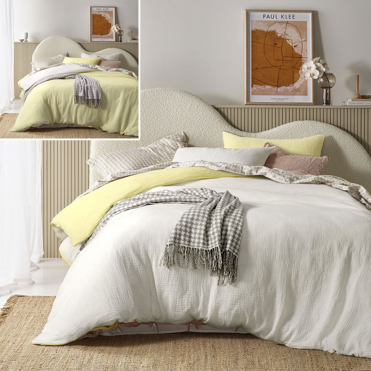 Vintage Design Homewares | Hugo Reversible White & Butter Cotton Gauze Quilt Cover Set | Queen
