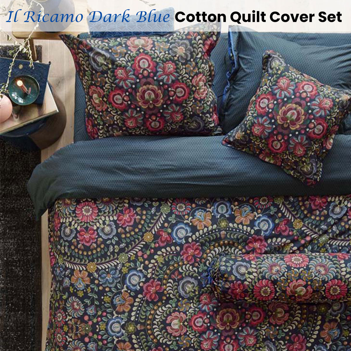 PIP Studio Il Ricamo Dark Blue Cotton Quilt Cover Set | Queen