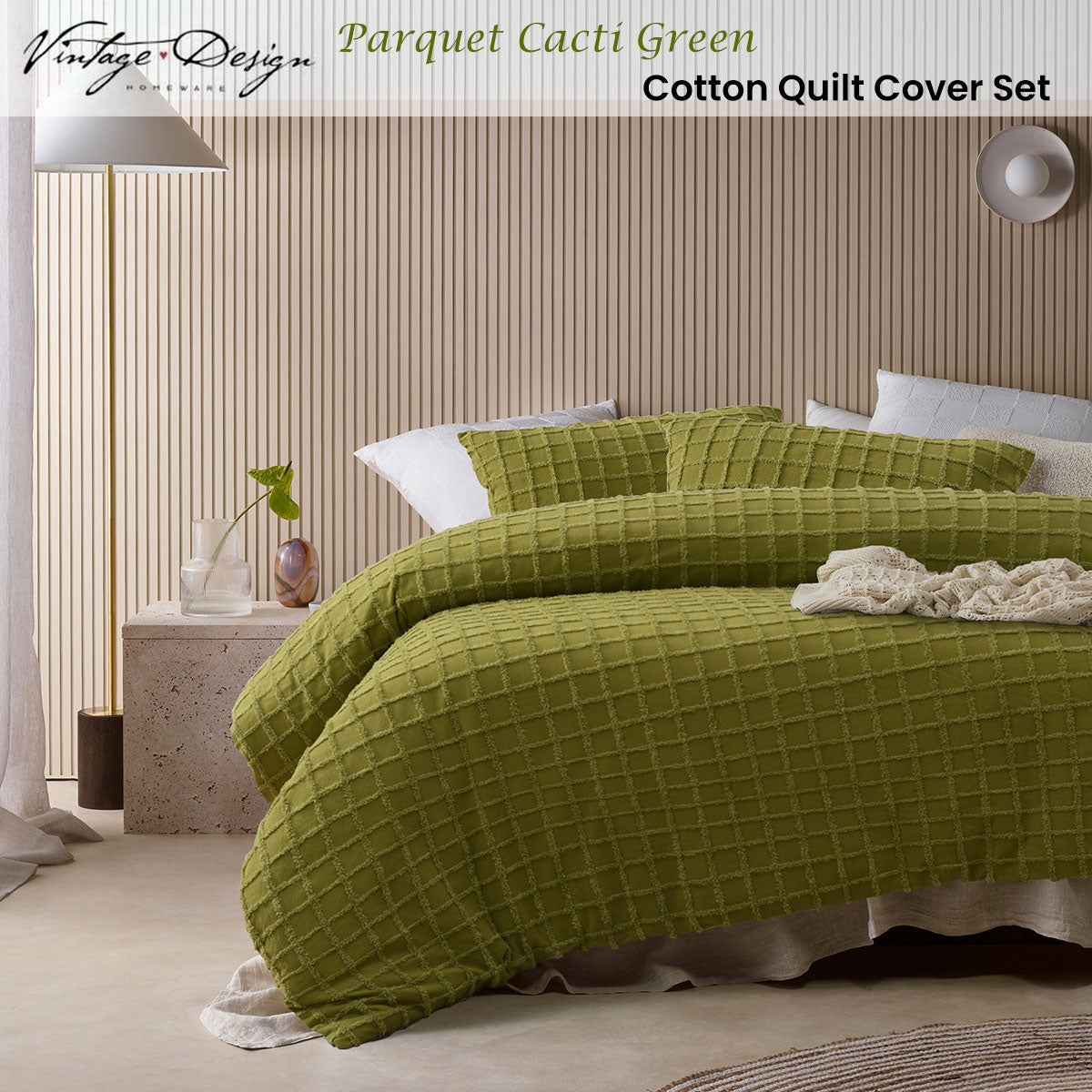 Vintage Design Homewares Parquet Cacti Green Cotton Quilt Cover Set | Single