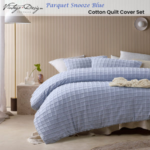 Vintage Design Homewares Parquet Snooze Blue Cotton Quilt Cover Set | King