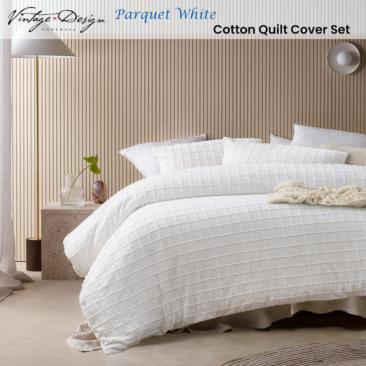 Vintage Design Homewares Parquet White Cotton Quilt Cover Set | Queen