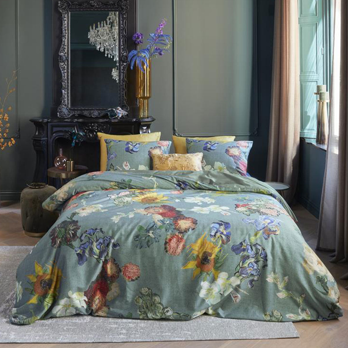 Bedding House | Van Gogh Partout des Fleurs Green Cotton Sateen | Quilt Cover Set | King