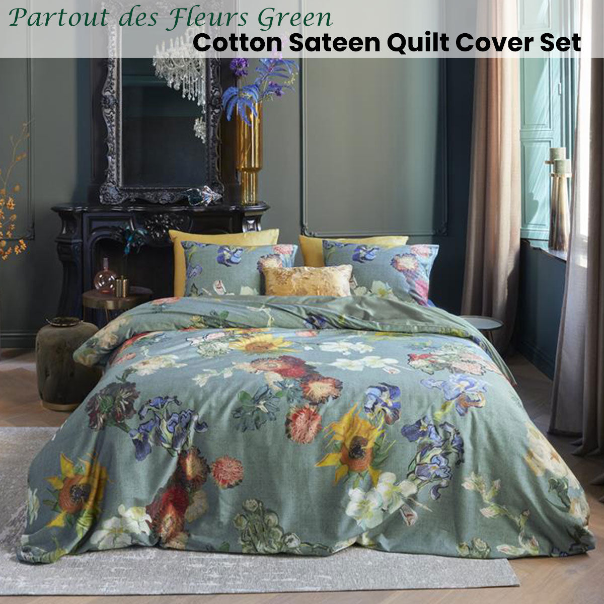 Bedding House | Van Gogh Partout des Fleurs Green Cotton Sateen | Quilt Cover Set | King