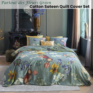 Bedding House | Van Gogh Partout des Fleurs Green Cotton Sateen | Quilt Cover Set | King