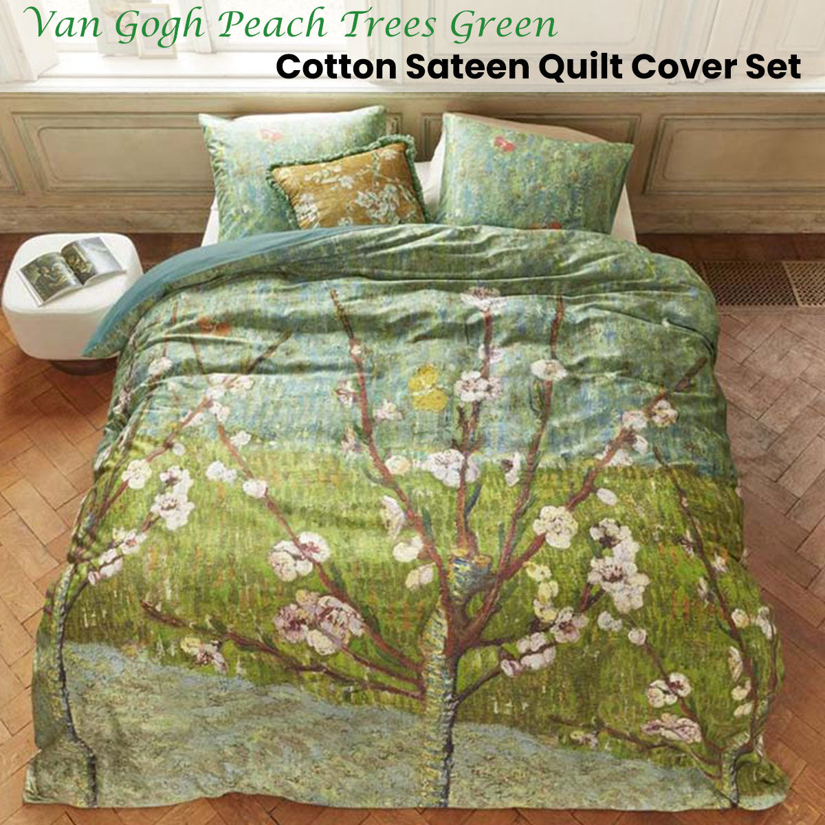 Bedding House Van Gogh Peach Trees Green Cotton Sateen Quilt Cover Set | King