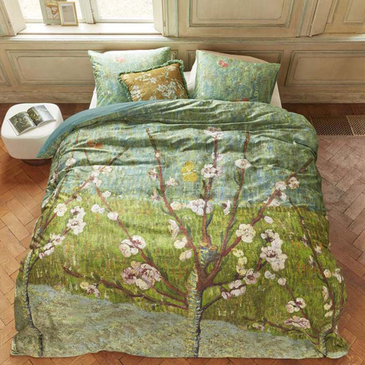 Bedding House Van Gogh Peach Trees Green Cotton Sateen Quilt Cover Set | Queen