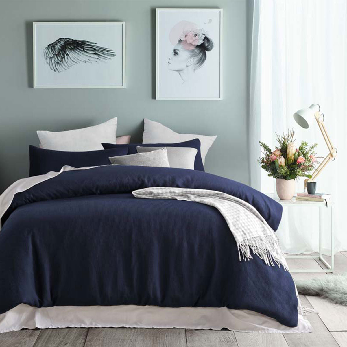 Accessorize Navy Waffle Polyester Quilt Cover Set | Queen