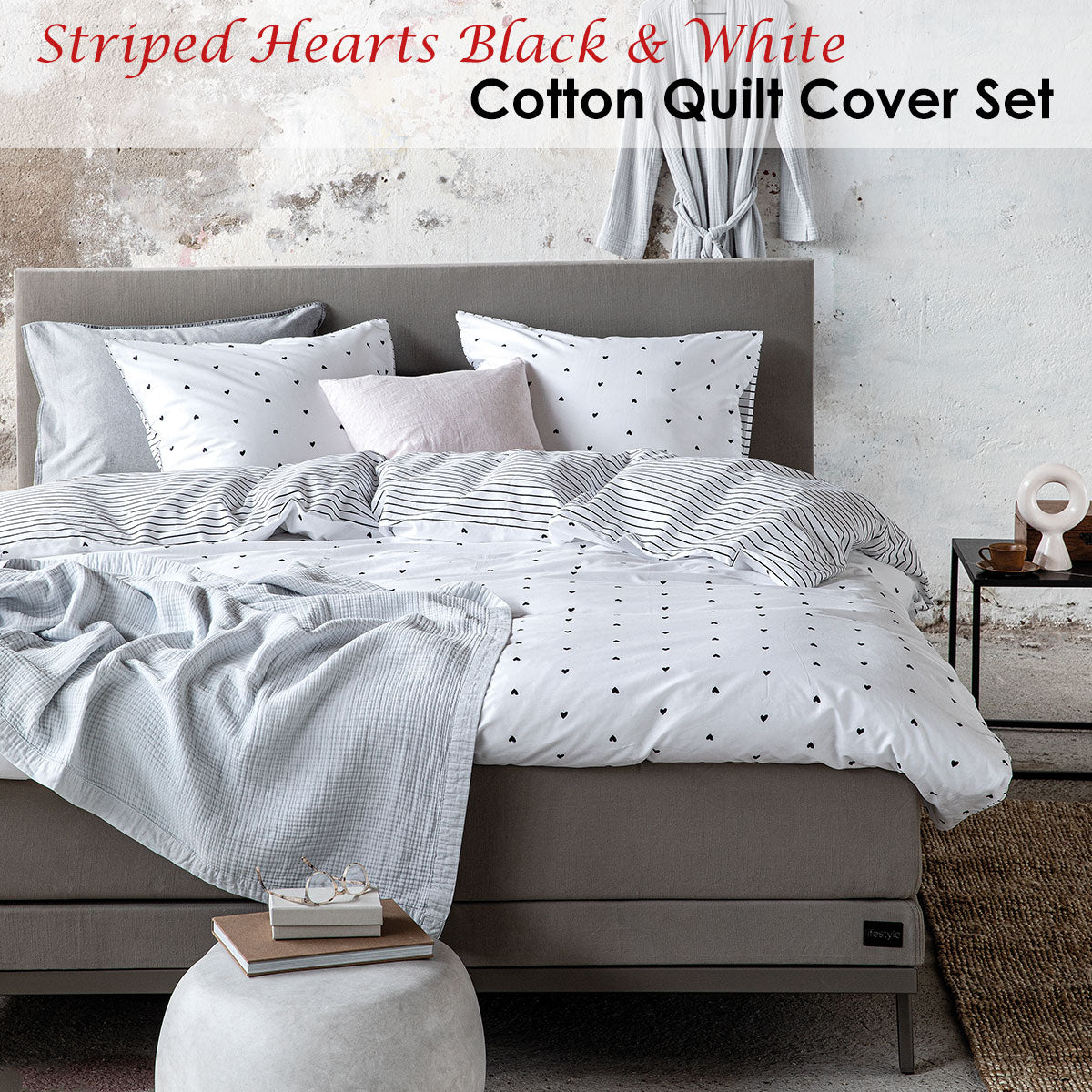 VTWonen | Striped Hearts Black & White Cotton | Quilt Cover Set | Queen