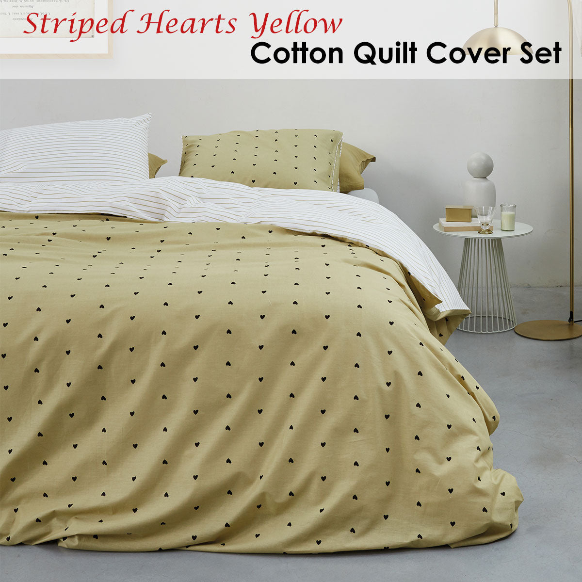 VTWonen | Striped Hearts Yellow Cotton | Quilt Cover Set | King