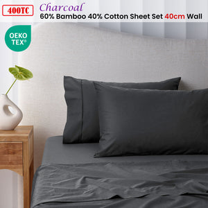 400TC Charcoal Bamboo Cotton Sheet Set | 40cm Wall | King Single