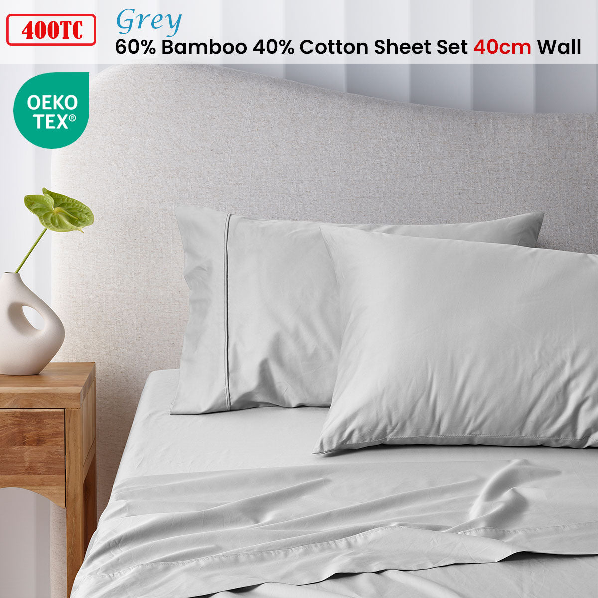 400TC Grey Bamboo Cotton Sheet Set | 40cm Wall | Double