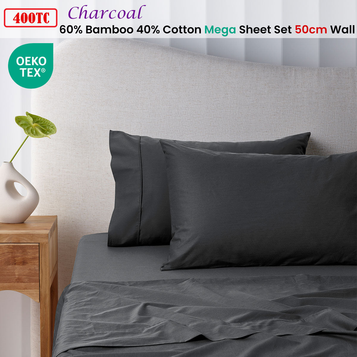 400TC Charcoal Bamboo Cotton Mega/Super Sheet Set | 50cm Wall | Queen