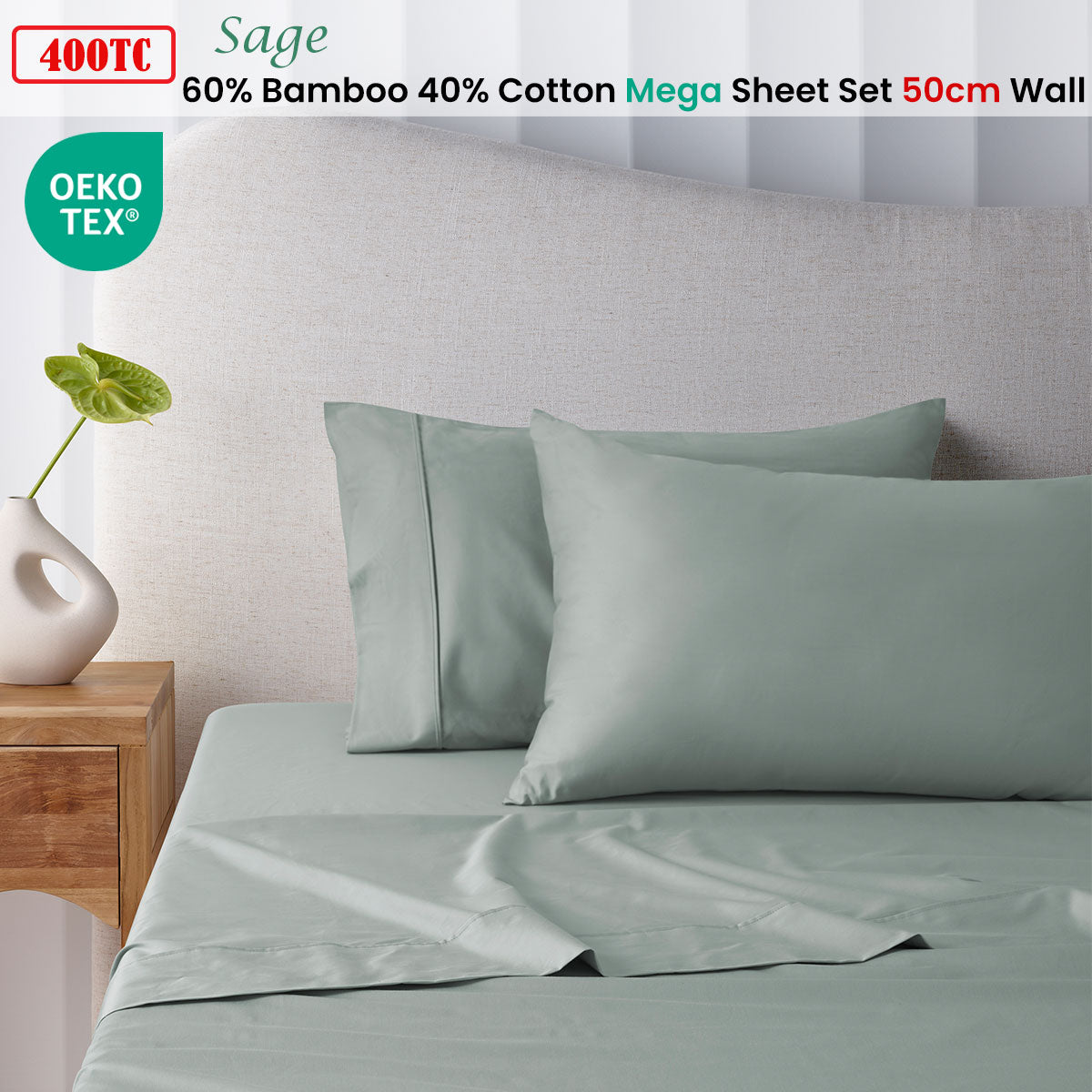 400TC Sage Bamboo Cotton Mega/Super Sheet Set | 50cm Wall | Super King