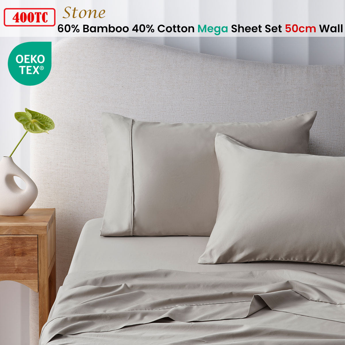 400TC Stone Bamboo Cotton Mega/Super Sheet Set | 50cm Wall | Queen