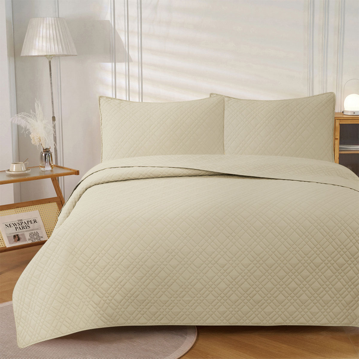 Jane Barrington Morris Beige Ultrasonic Embossed Lightly Quilted Reversible Coverlet Set | Queen