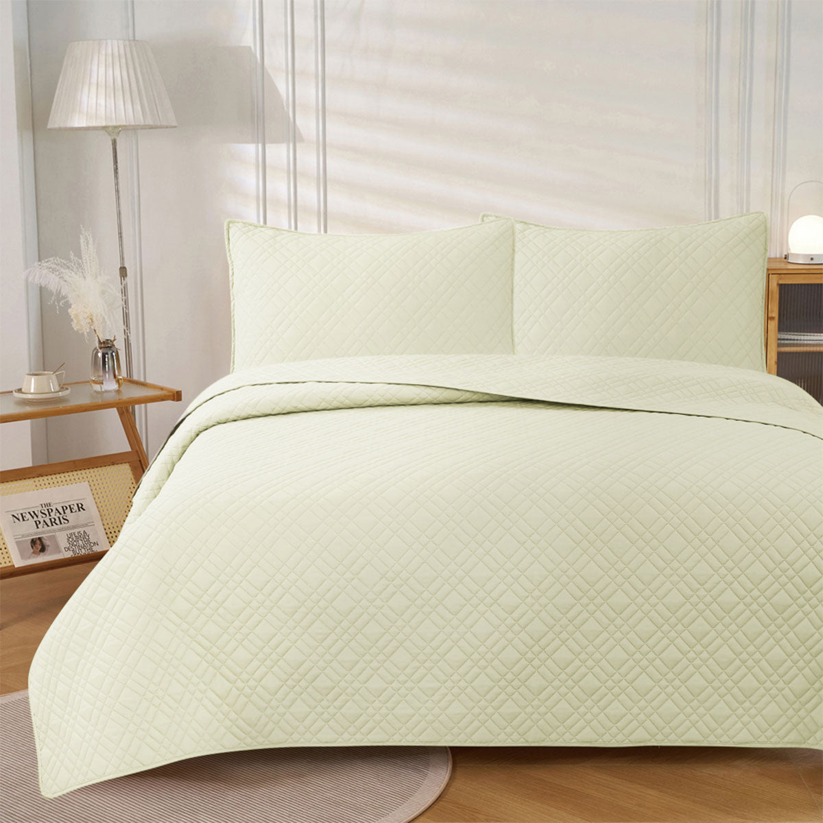 Jane Barrington Morris | Light Cream Ultrasonic Embossed Lightly Quilted Reversible Coverlet Set | Queen