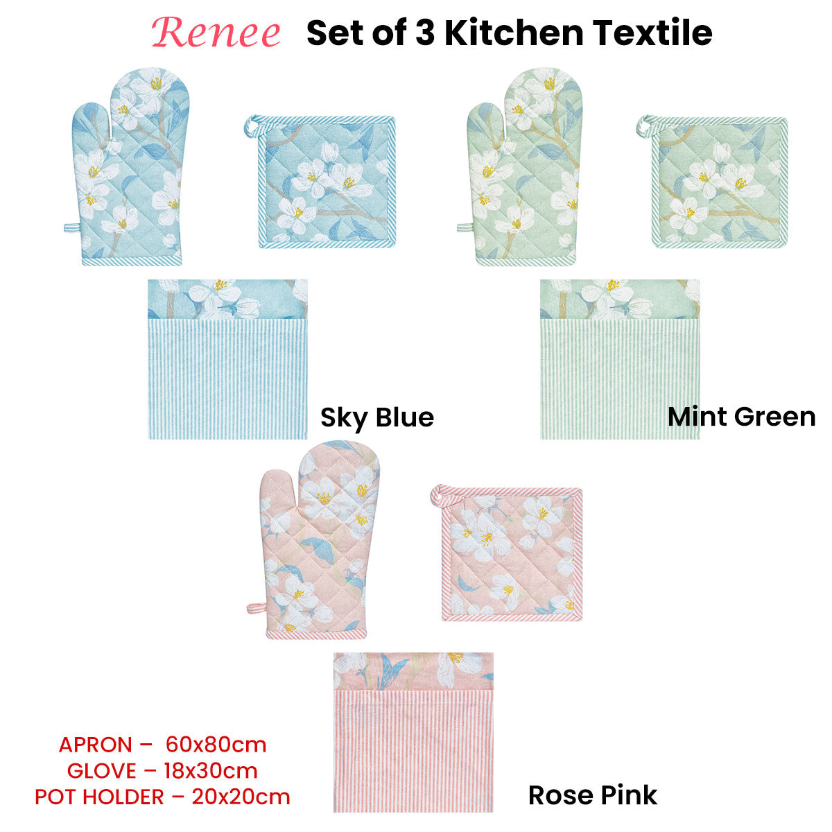 Set of 3 | Renee Cotton Cover | Kitchen Textile | Rose Pink