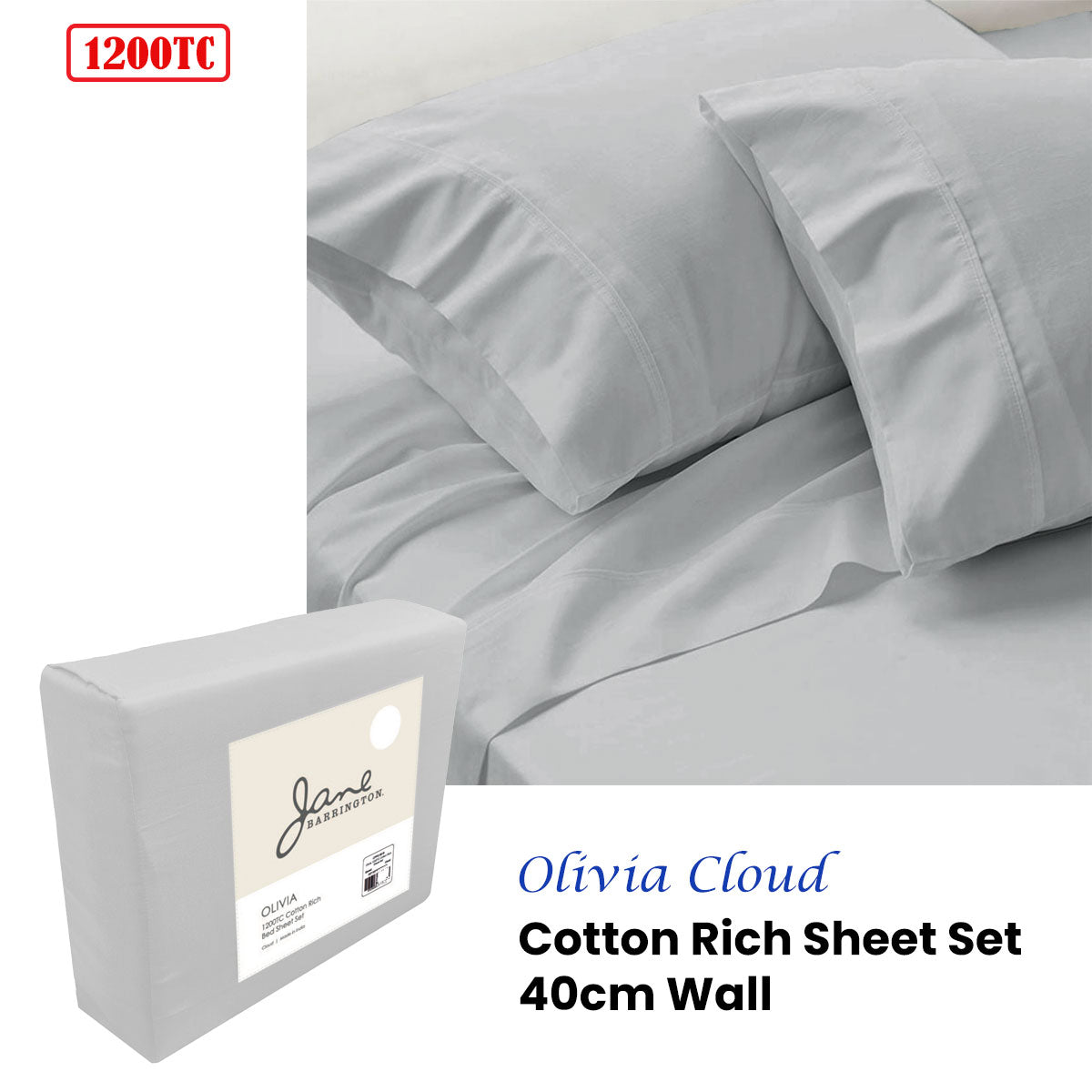 Jane Barrington 1200TC Olivia Cotton Rich Sheet Set | 40cm Wall | Cloud | Queen