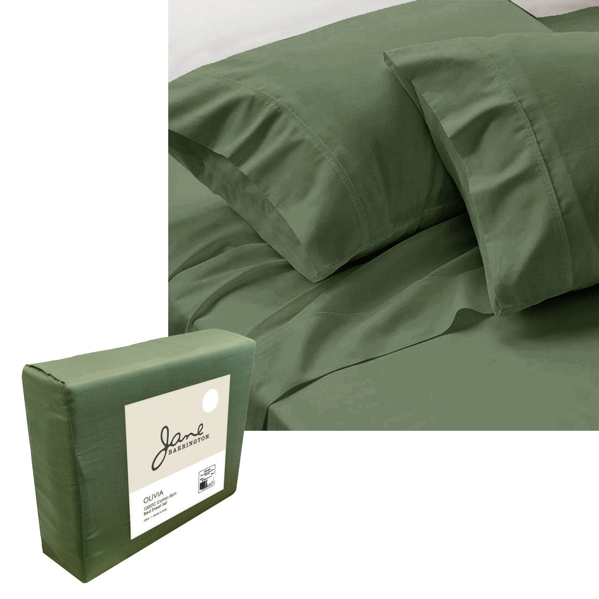 Jane Barrington 1200TC Olivia Cotton Rich Sheet Set | 40cm Wall | Olive | Queen