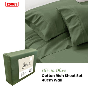 Jane Barrington 1200TC Olivia Cotton Rich Sheet Set | 40cm Wall | Olive | Queen