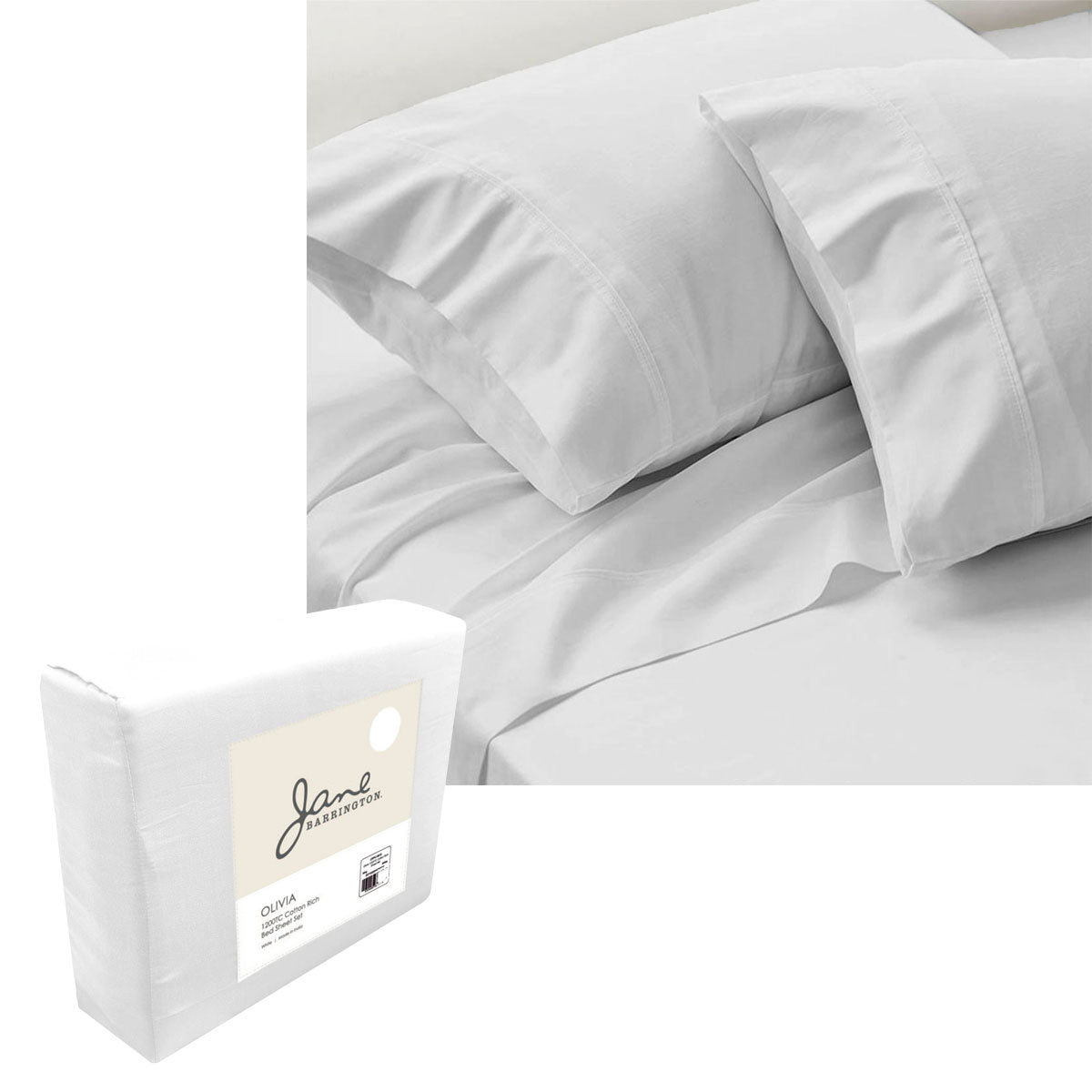 Jane Barrington 1200TC Olivia Cotton Rich Sheet Set | 40cm Wall | White | Queen