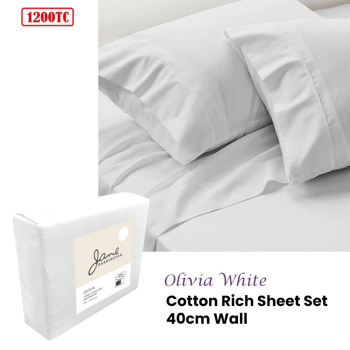 Jane Barrington 1200TC Olivia Cotton Rich Sheet Set | 40cm Wall | White | Queen