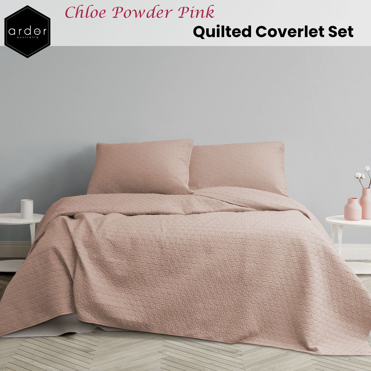 Ardor Chloe Powder Pink 3 Pcs Quilted Coverlet Set | Queen/King
