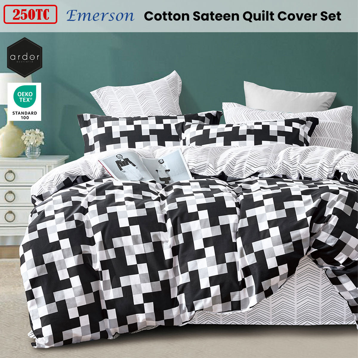 Ardor 250TC Emerson Geometric Cotton Sateen Quilt Cover Set | King