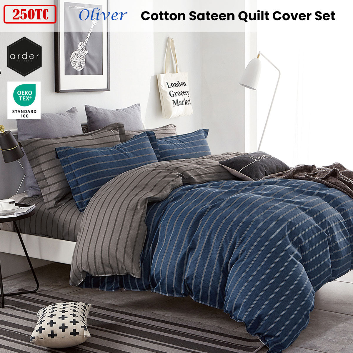Ardor 250TC Oliver Stripes Cotton Sateen Quilt Cover Set | King
