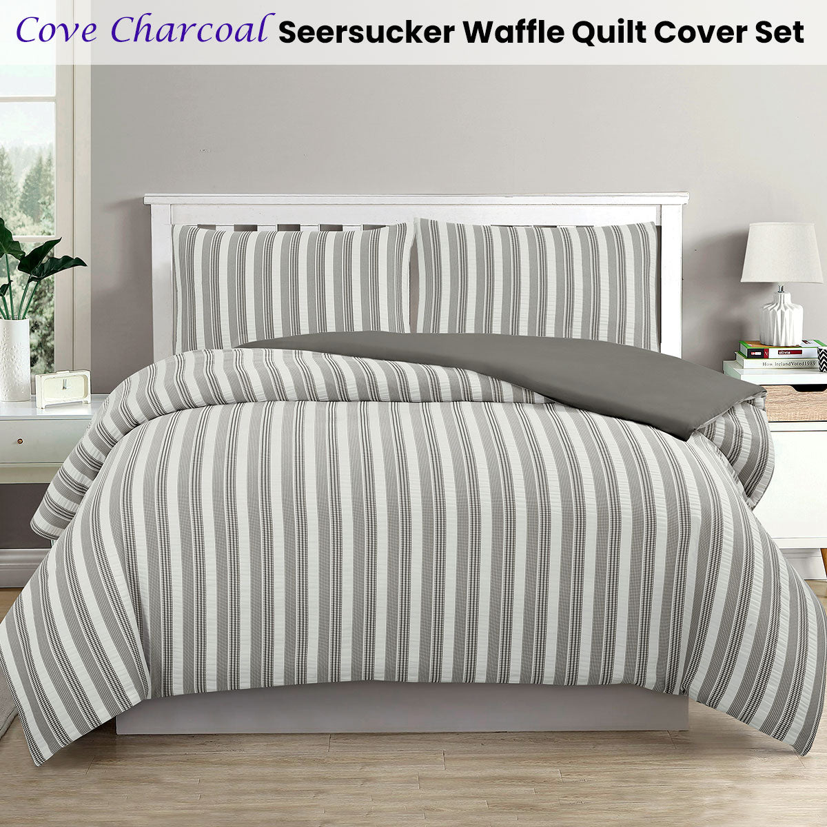 Ardor Cove Charcoal Seersucker Waffle Quilt Cover Set | Queen