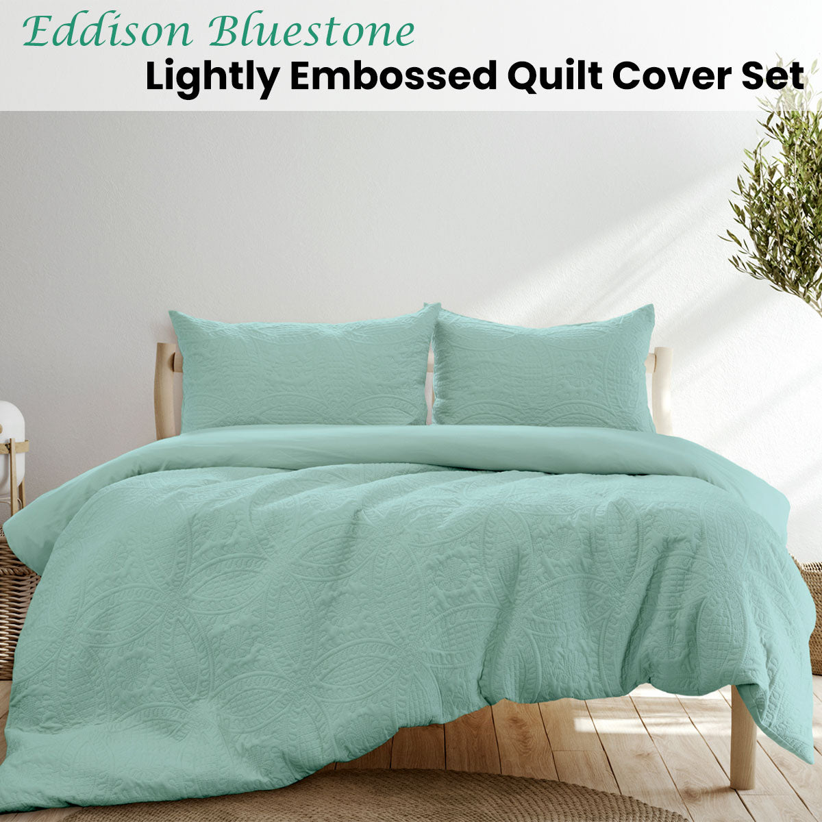 Ardor Eddison Bluestone Light Quilted Embossed Quilt Cover Set | Queen