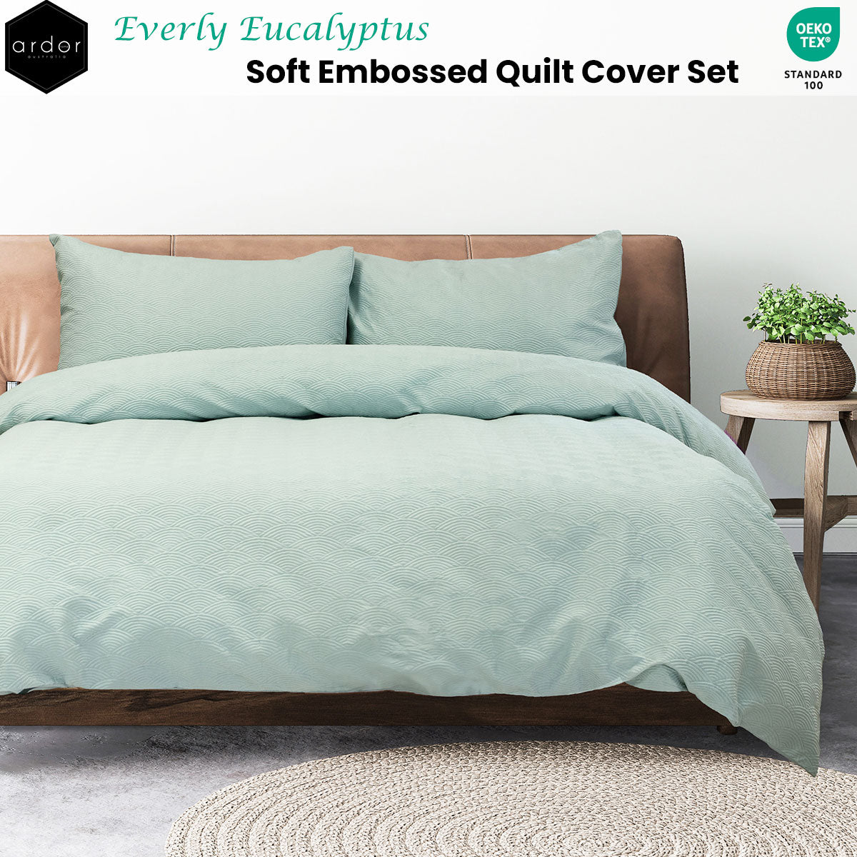 Ardor Everly Eucalyptus Soft Embossed Quilt Cover Set | Queen