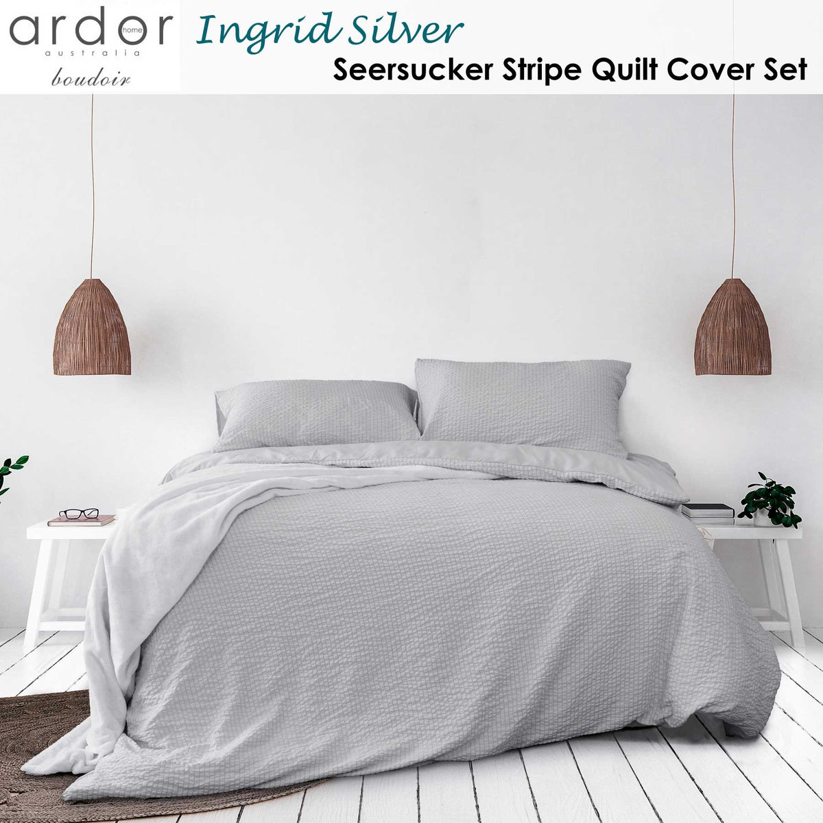 Ardor Ingrid Silver Seersucker Stripe Quilt Cover Set | King