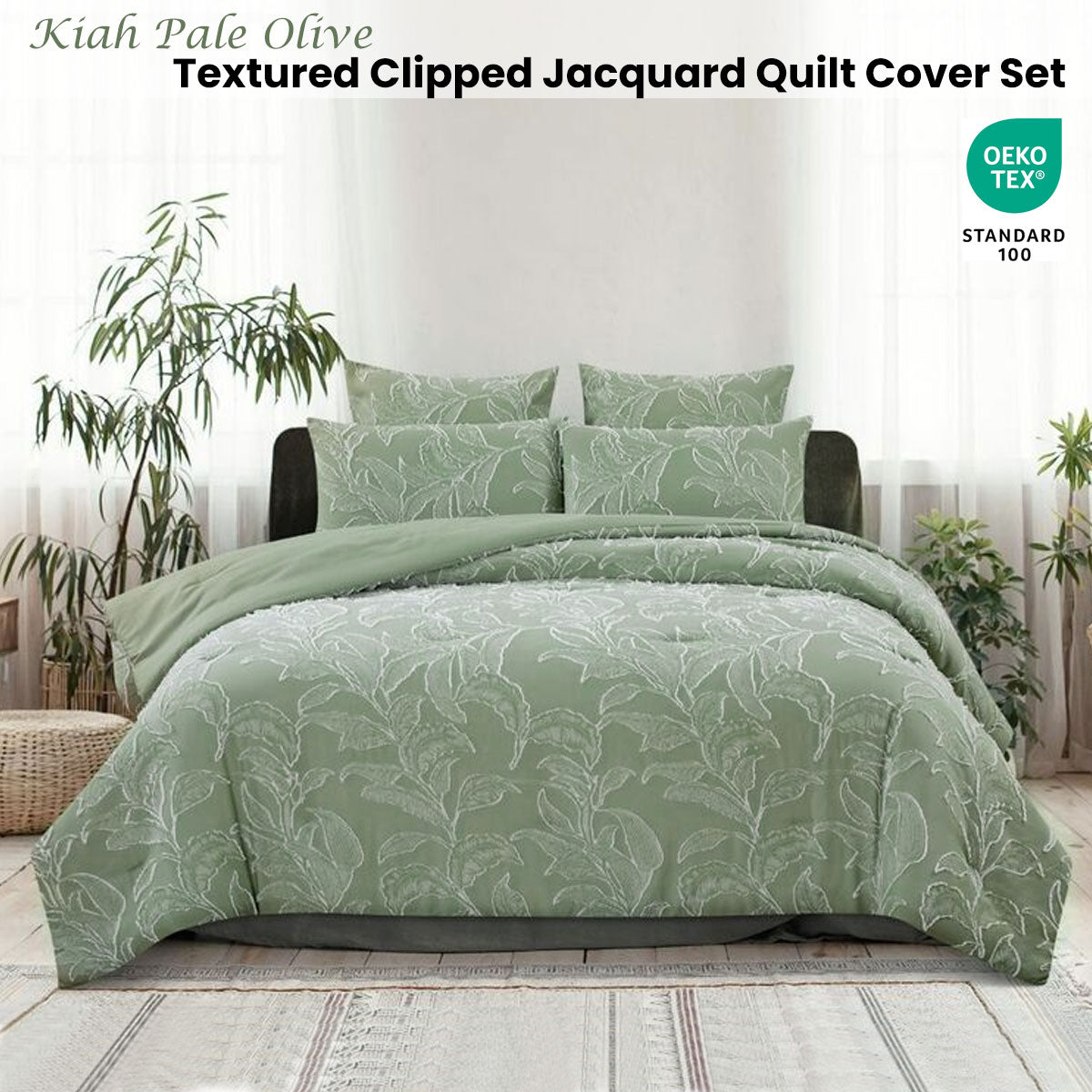 Ardor Kiah Pale Olive Textured Clipped Jacquard Quilt Cover Set | Queen