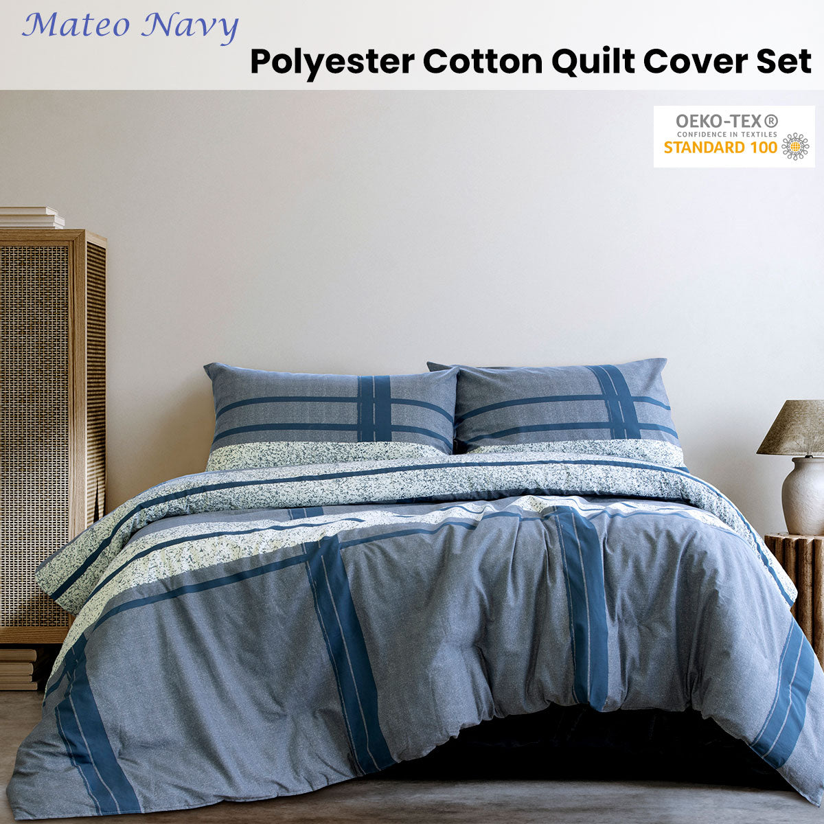 Ardor Mateo Navy Polyester Cotton Quilt Cover Set | Queen