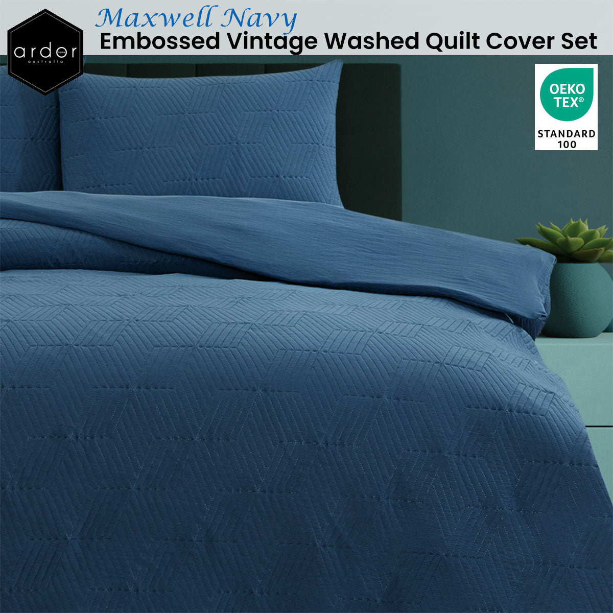 Ardor Maxwell Navy Embossed Vintage Washed Quilt Cover Set | Queen
