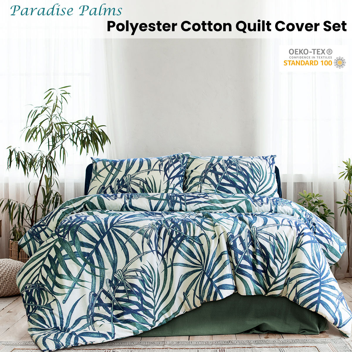 Ardor Palms Blue Polyester Cotton Quilt Cover Set | King