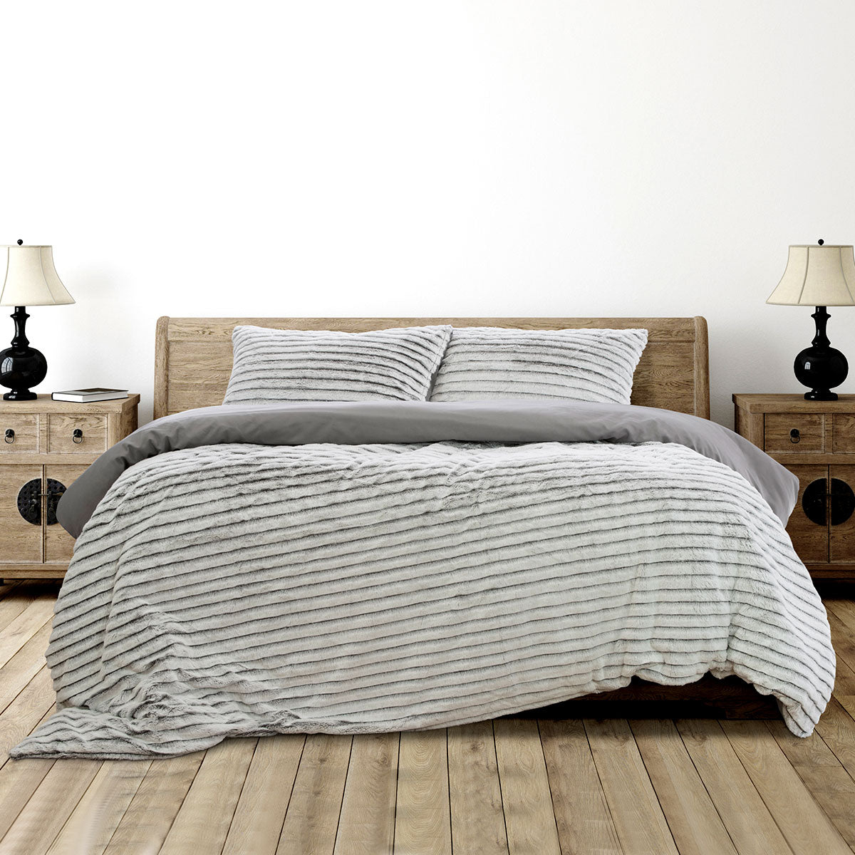 Ardor Striped Faux Fur Grey Super Soft Quilt Cover Set | King