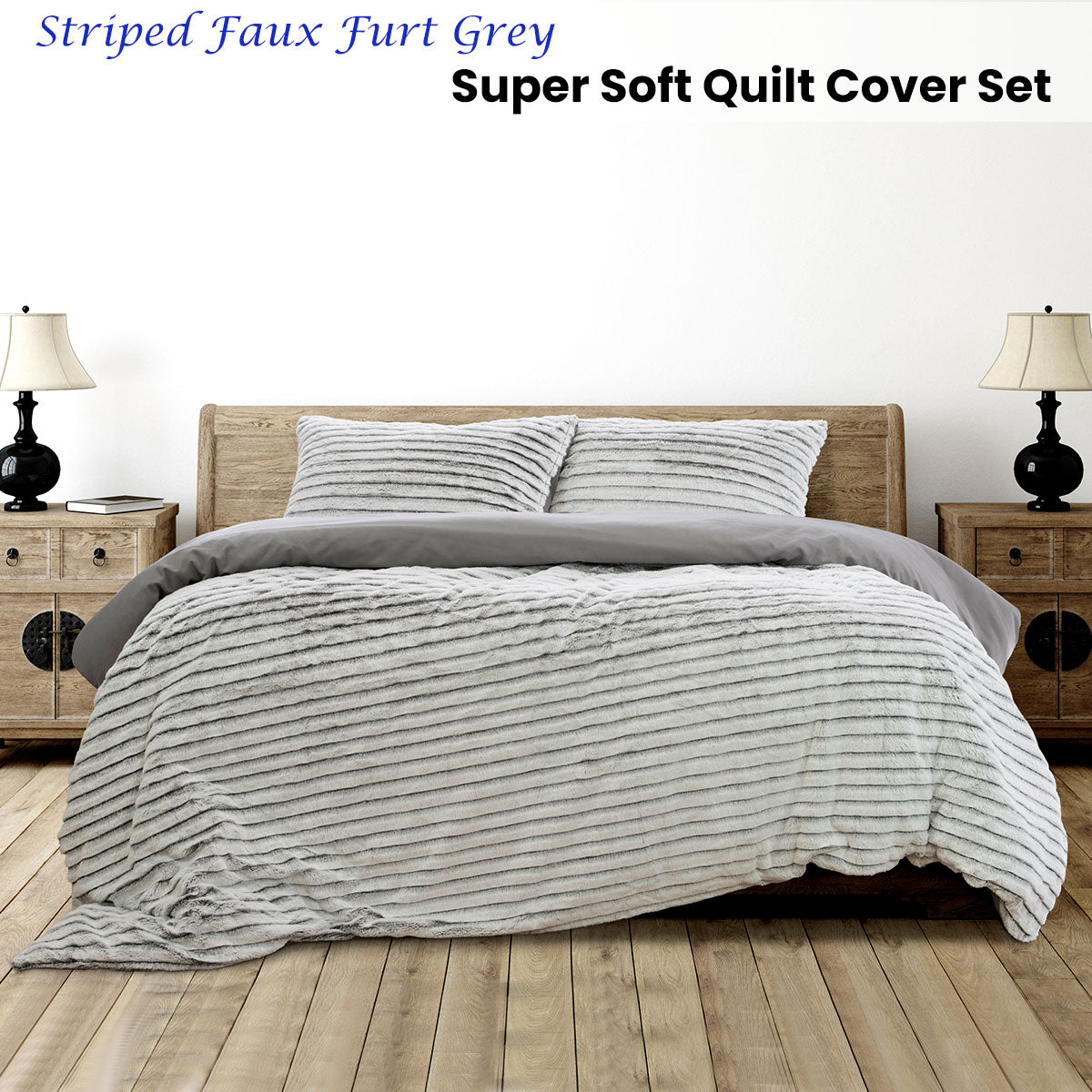 Ardor Striped Faux Fur Grey Super Soft Quilt Cover Set | King
