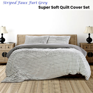 Ardor Striped Faux Fur Grey Super Soft Quilt Cover Set | King